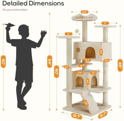 Cat Tree, 54-Inch Cat Tower for Indoor Cats with Sisal Scratching Post, Cat Play House, Large Kitty Condo, Plush Multi-Level with Climbing Ladder
