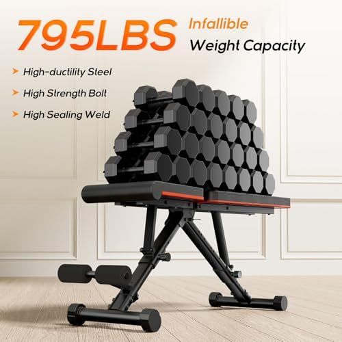 Weight Bench, Adjustable Workout Bench for Home Gym, Foldable Bench Press for Full Body Strength Training, 795LBS Capacity, Incline Decline Sit-Up Benches