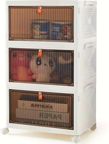 4-Tier Stackable Plastic Storage Bins with Lids, 23QT Foldable with Magnetic Doors and Lockable Wheels, Portable Collapsible Closet Organizer Boxes for Living Room, Bedroom, Dorm, Home Office