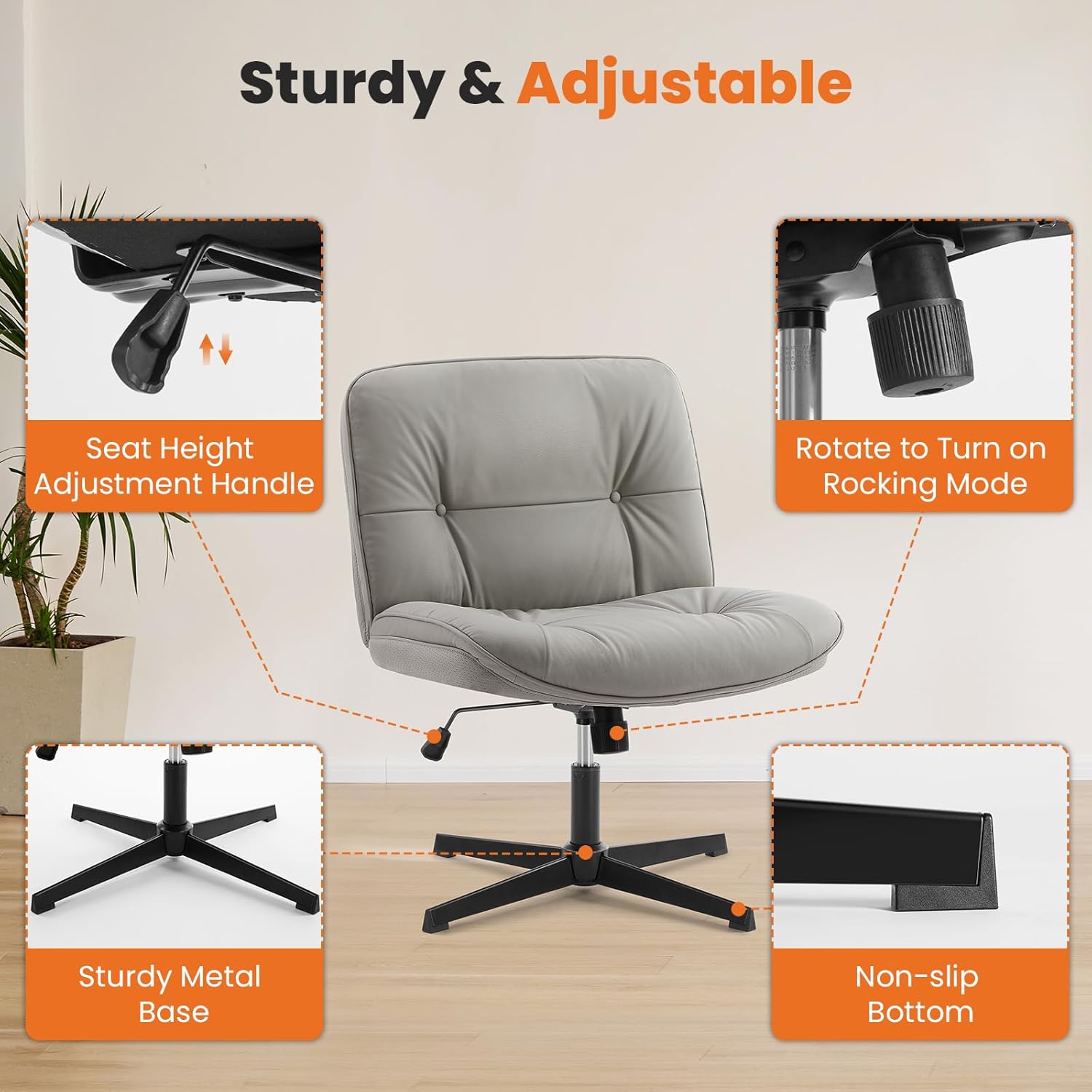 Criss Cross Chair, Armless Office Desk Chair, Wide Seat No Wheels, Height Adjustable Computer Task Swivel Chair