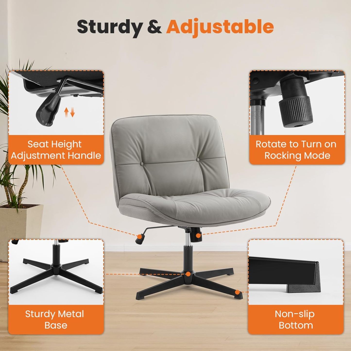 Criss Cross Chair, Armless Office Desk Chair, Wide Seat No Wheels, Height Adjustable Computer Task Swivel Chair