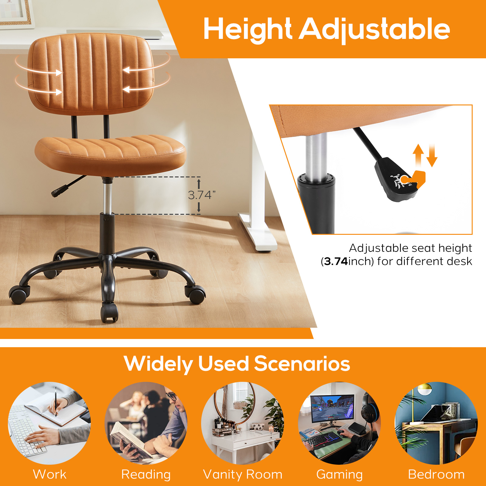 Office Desk Chair, Armless Computer Chair with Lumbar Support, PU Leather Low Back Adjustable Height 360° Rolling Swivel Task Chair with Wheels