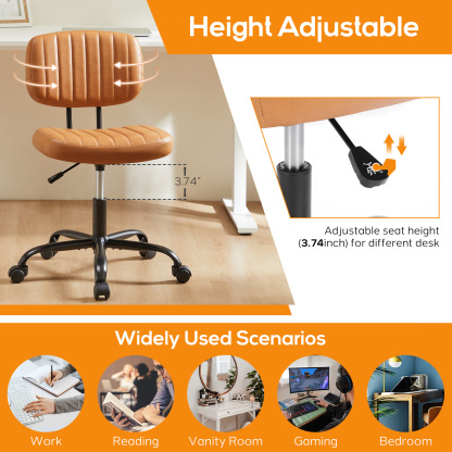Office Desk Chair, Armless Computer Chair with Lumbar Support, PU Leather Low Back Adjustable Height 360° Rolling Swivel Task Chair with Wheels