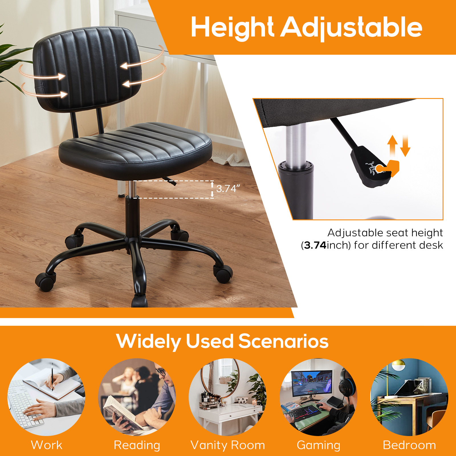 Office Desk Chair, Armless Computer Chair with Lumbar Support, PU Leather Low Back Adjustable Height 360° Rolling Swivel Task Chair with Wheels
