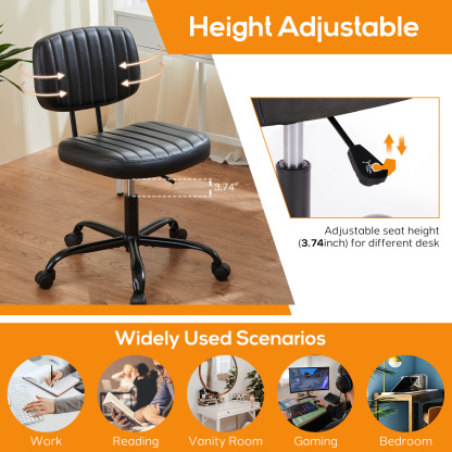 Office Desk Chair, Armless Computer Chair with Lumbar Support, PU Leather Low Back Adjustable Height 360° Rolling Swivel Task Chair with Wheels