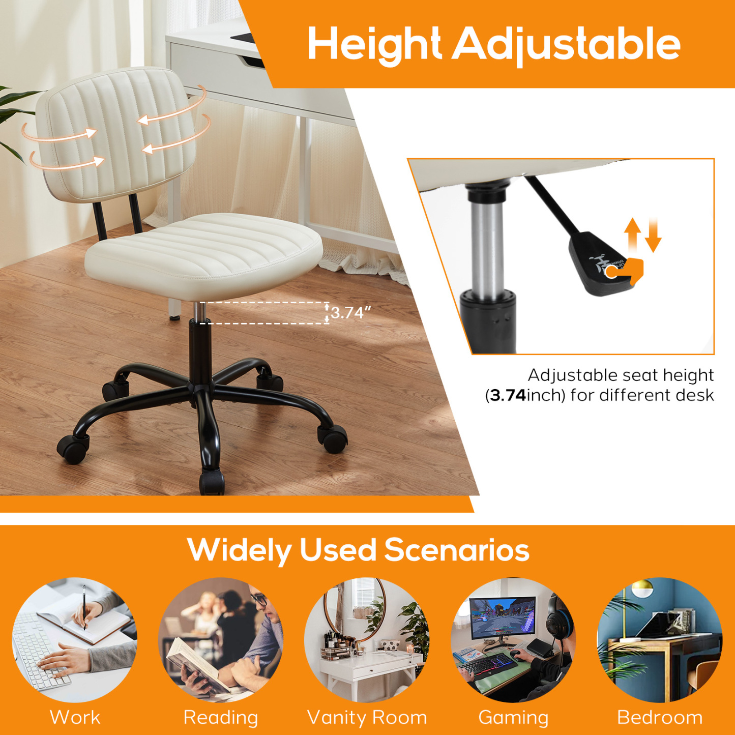 Office Desk Chair, Armless Computer Chair with Lumbar Support, PU Leather Low Back Adjustable Height 360° Rolling Swivel Task Chair with Wheels