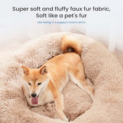 Dog Bed for Small Dogs and Cats, Washable Calming Donut Pet Bed, 20-Inch Anti-Slip Round Fluffy Plush Faux Fur, Anti-Anxiety, Comfortable for Sleeping, 20" L x 20" W x 8" Th for Pets up to 15 lbs