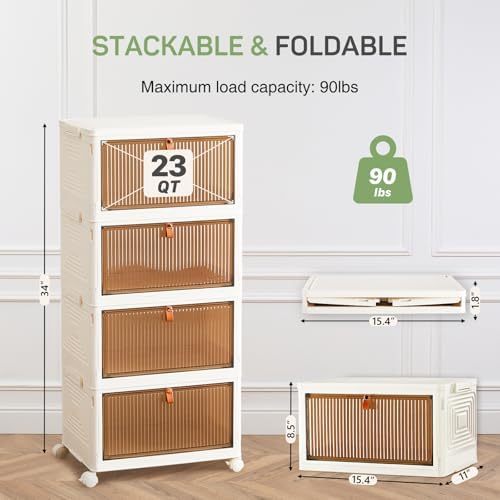 4-Tier Stackable Plastic Storage Bins with Lids, 23QT Foldable with Magnetic Doors and Lockable Wheels, Portable Collapsible Closet Organizer Boxes for Living Room, Bedroom, Dorm, Home Office