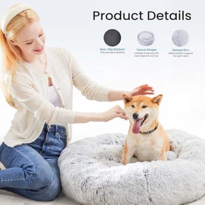 Dog Bed for Small Dogs and Cats, Washable Calming Donut Pet Bed, 20-Inch Anti-Slip Round Fluffy Plush Faux Fur, Anti-Anxiety, Comfortable for Sleeping, 20" L x 20" W x 8" Th for Pets up to 15 lbs