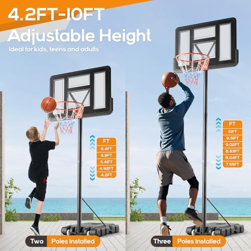 Basketball Hoop Outdoor 4.2-10ft Adjustable Portable Basketball Goal for Kids Youth Adults in Backyard, Driveway, 44 Inch Shatterproof Backboard