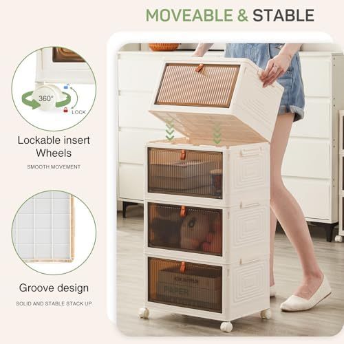 4-Tier Stackable Plastic Storage Bins with Lids, 23QT Foldable with Magnetic Doors and Lockable Wheels, Portable Collapsible Closet Organizer Boxes for Living Room, Bedroom, Dorm, Home Office