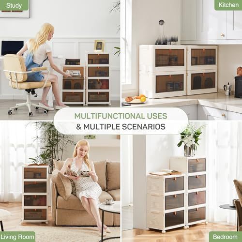 4-Tier Stackable Plastic Storage Bins with Lids, 23QT Foldable with Magnetic Doors and Lockable Wheels, Portable Collapsible Closet Organizer Boxes for Living Room, Bedroom, Dorm, Home Office