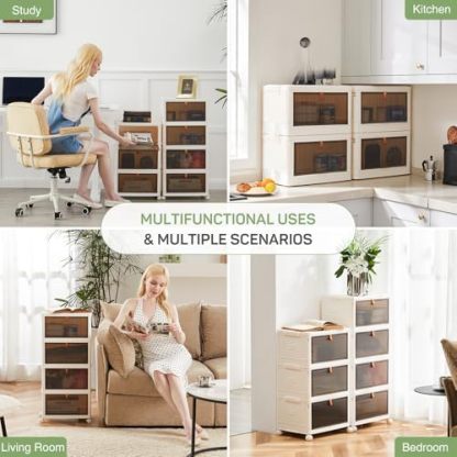 4-Tier Stackable Plastic Storage Bins with Lids, 23QT Foldable with Magnetic Doors and Lockable Wheels, Portable Collapsible Closet Organizer Boxes for Living Room, Bedroom, Dorm, Home Office