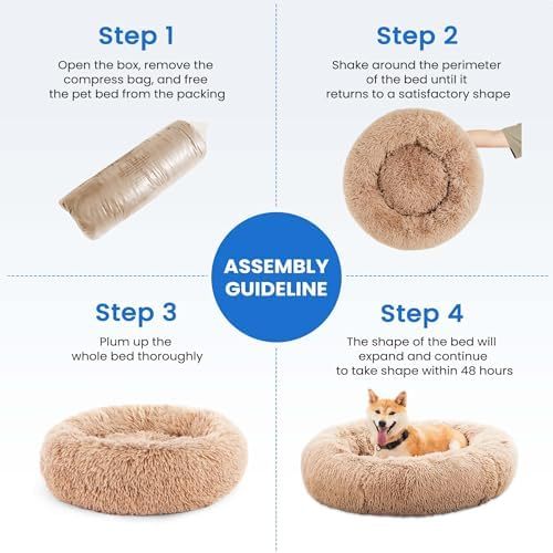 Dog Bed for Small Medium Dogs and Cats, Washable Calming Donut Pet Bed, 24-Inch Anti-Slip Round Fluffy Plush Faux Fur, Anti-Anxiety, Comfortable for Sleeping, 24"L x 24"W x 8"Th for Pets up to 25 lbs