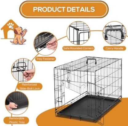 Dog Crate, 36 Inch Medium Wire Kennel with Divider Panel, Metal Cages with Double Door, Leak-Proof Pan Tray, Folding Portable for Indoor Outdoor Travel