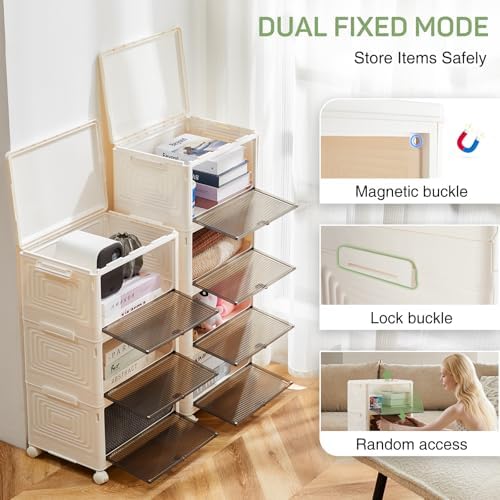 4-Tier Stackable Plastic Storage Bins with Lids, 23QT Foldable with Magnetic Doors and Lockable Wheels, Portable Collapsible Closet Organizer Boxes for Living Room, Bedroom, Dorm, Home Office