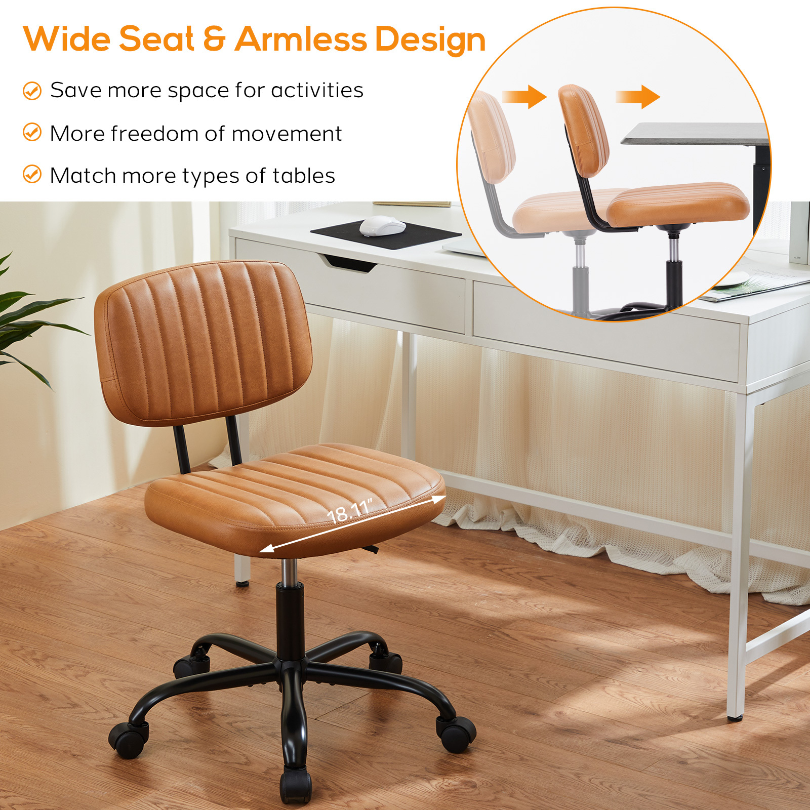 Office Desk Chair, Armless Computer Chair with Lumbar Support, PU Leather Low Back Adjustable Height 360° Rolling Swivel Task Chair with Wheels