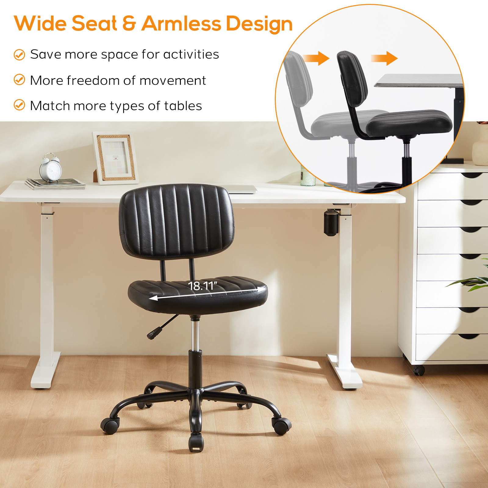 Office Desk Chair, Armless Computer Chair with Lumbar Support, PU Leather Low Back Adjustable Height 360° Rolling Swivel Task Chair with Wheels