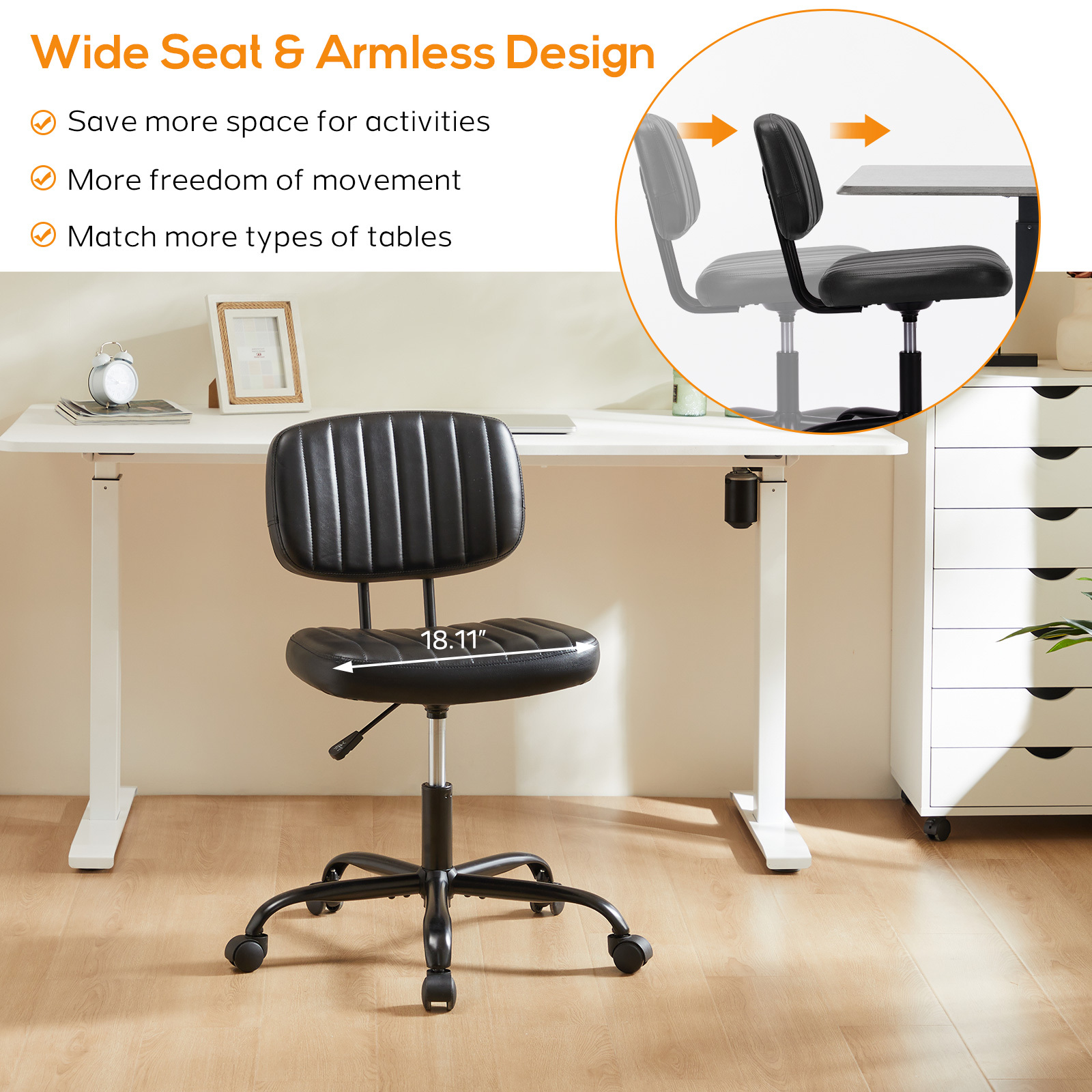 Office Desk Chair, Armless Computer Chair with Lumbar Support, PU Leather Low Back Adjustable Height 360° Rolling Swivel Task Chair with Wheels