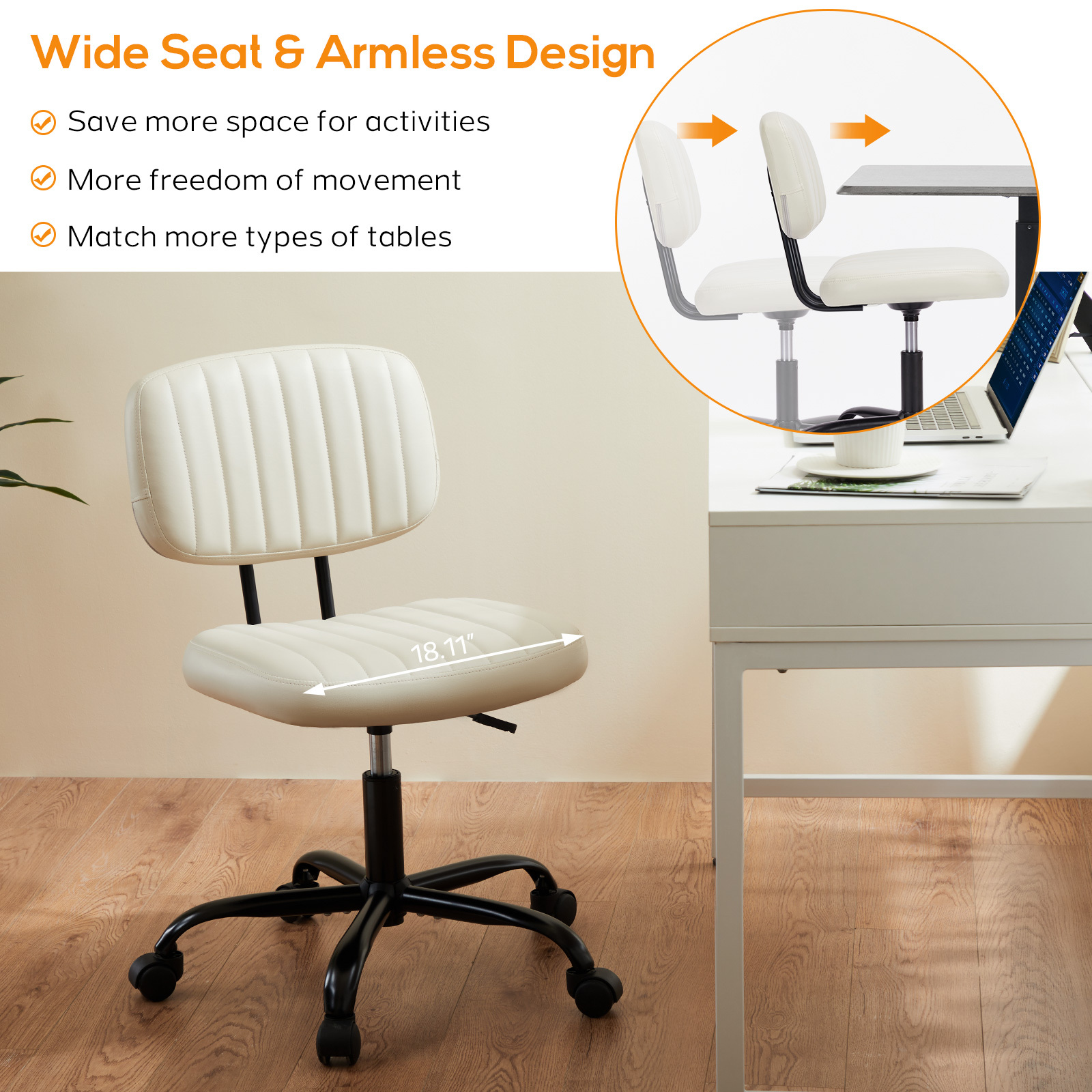 Office Desk Chair, Armless Computer Chair with Lumbar Support, PU Leather Low Back Adjustable Height 360° Rolling Swivel Task Chair with Wheels