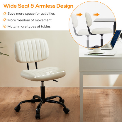Office Desk Chair, Armless Computer Chair with Lumbar Support, PU Leather Low Back Adjustable Height 360° Rolling Swivel Task Chair with Wheels