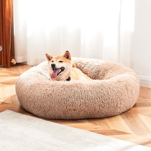 Dog Bed for Small Dogs and Cats, Washable Calming Donut Pet Bed, 20-Inch Anti-Slip Round Fluffy Plush Faux Fur, Anti-Anxiety, Comfortable for Sleeping, 20" L x 20" W x 8" Th for Pets up to 15 lbs