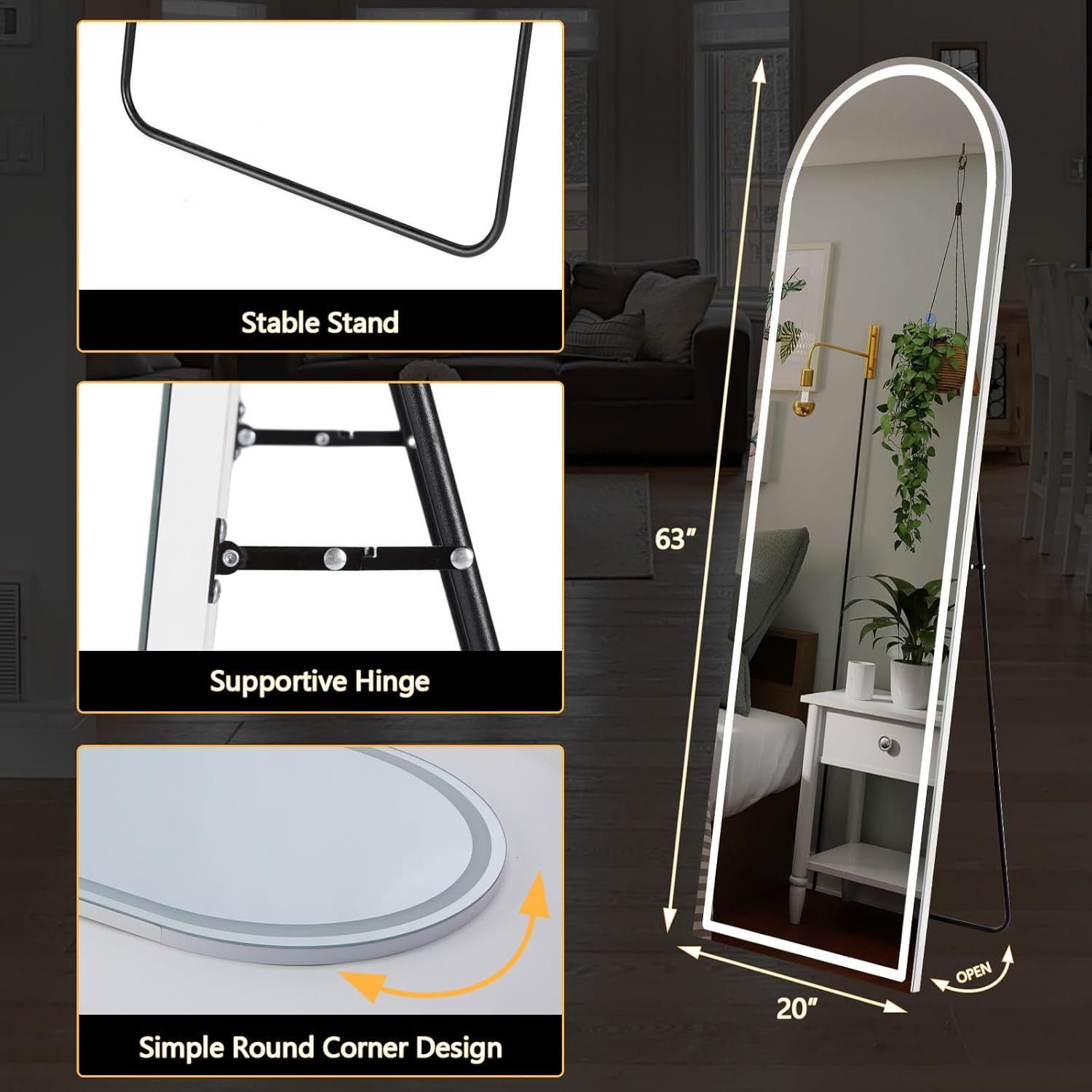 Full-Length LED Lighted Mirror with Adjustable Lighting, Wall Mirror