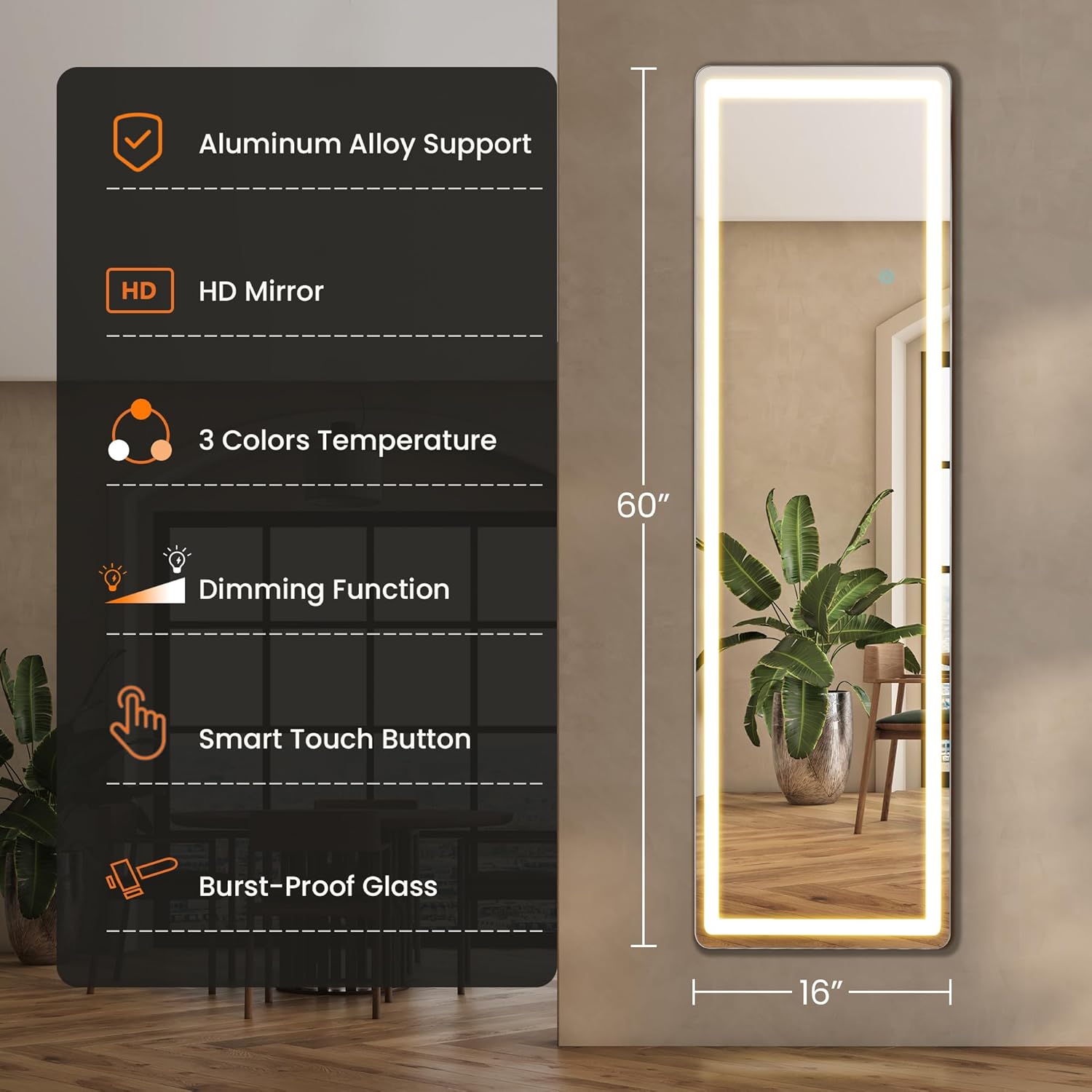 Full-Length LED Lighted Mirror with Adjustable Lighting, Wall Mirror