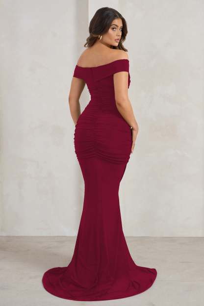 Apolline Berry Off The Shoulder Ruched Fishtail Maxi Dress-Fashionmomo.All Rights Reserved
