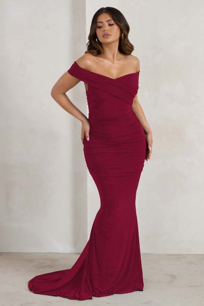 Apolline Berry Off The Shoulder Ruched Fishtail Maxi Dress-Fashionmomo.All Rights Reserved