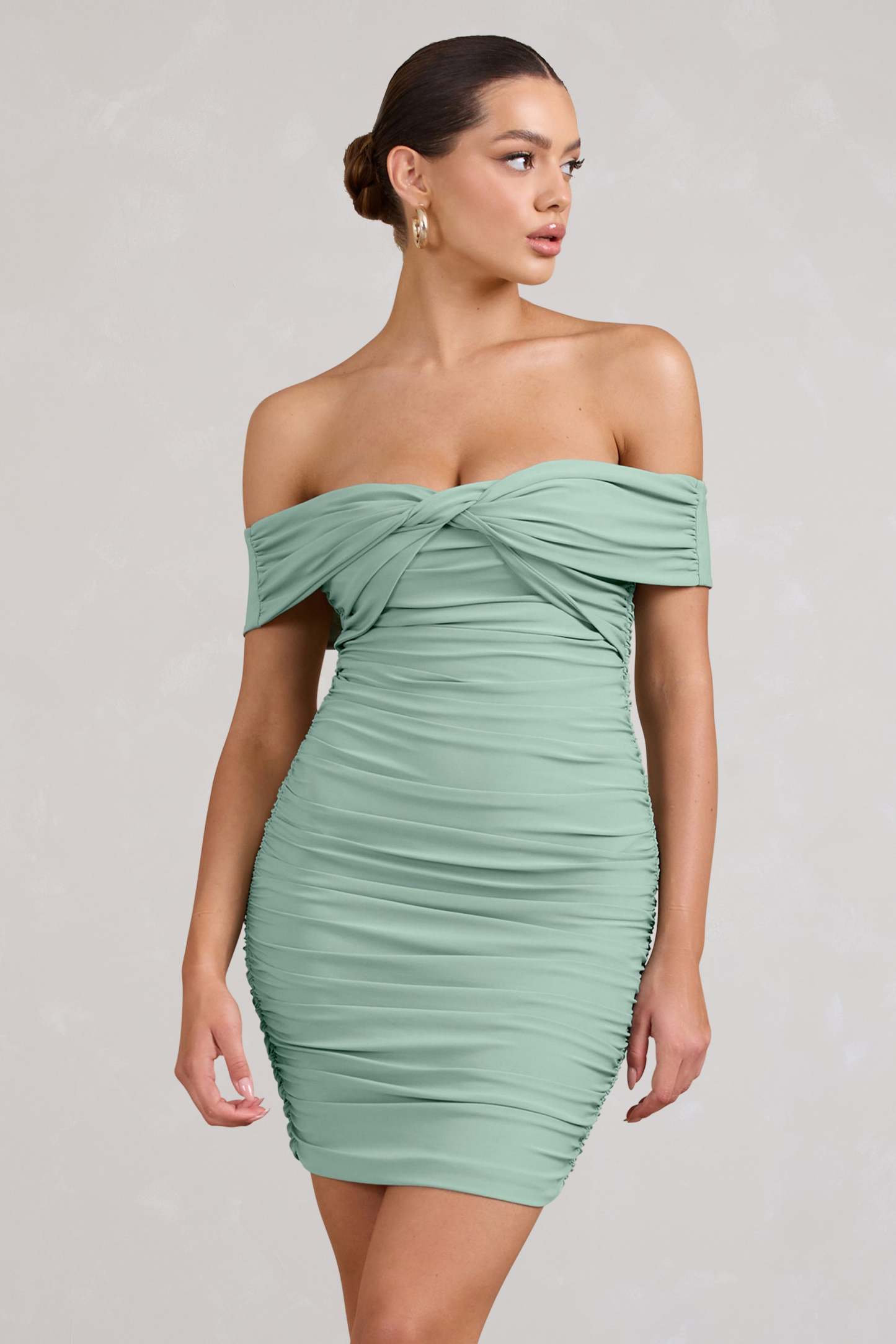 Appreciate Sage Off The Shoulder Ruched Mini Dress-Fashionmomo.All Rights Reserved