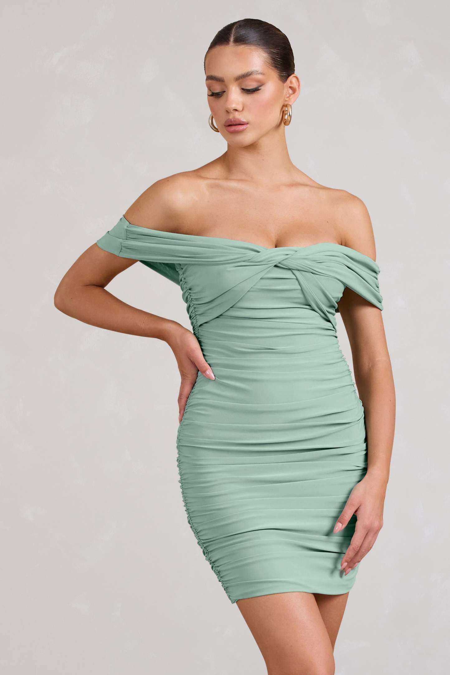 Appreciate Sage Off The Shoulder Ruched Mini Dress-Fashionmomo.All Rights Reserved