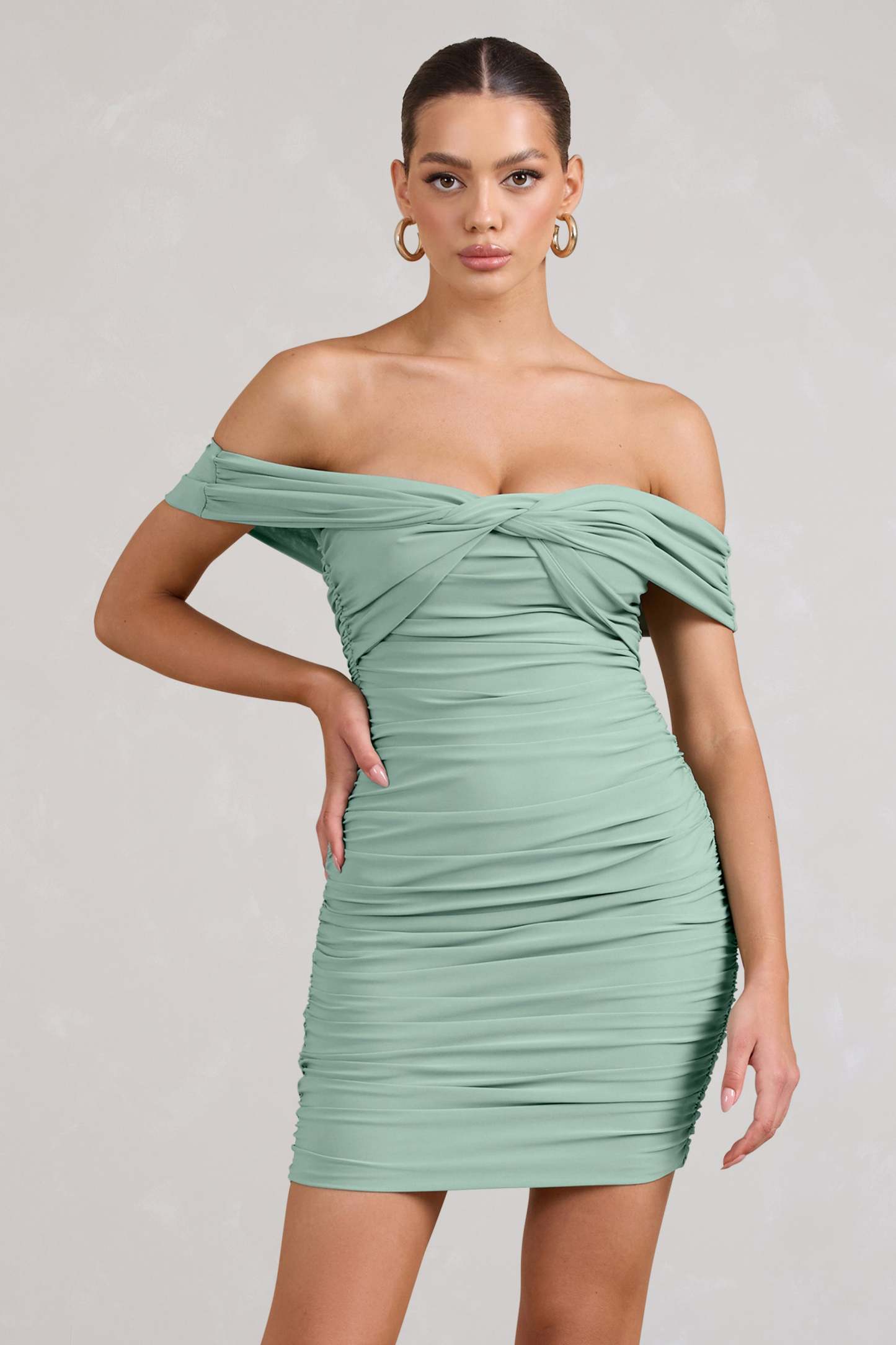 Appreciate Sage Off The Shoulder Ruched Mini Dress-Fashionmomo.All Rights Reserved