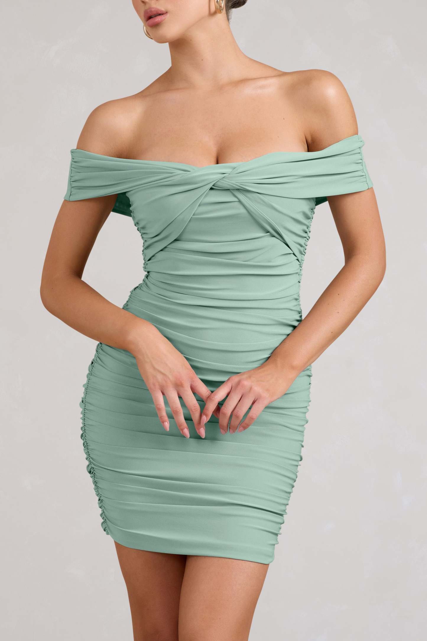 Appreciate Sage Off The Shoulder Ruched Mini Dress-Fashionmomo.All Rights Reserved