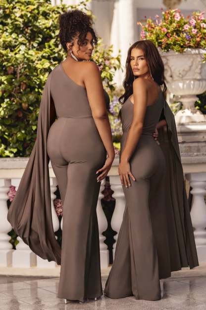 Aurora Dark Mocha One Shoulder Cape Sleeve Jumpsuit-Fashionmomo.All Rights Reserved