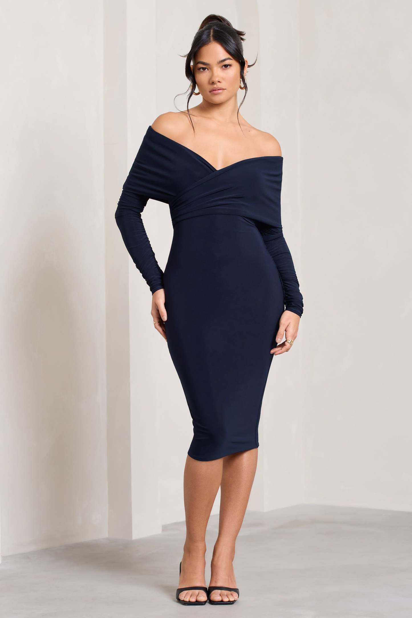 Flatter Me Navy Twist Front Bardot Midi Dress-Fashionmomo.All Rights Reserved
