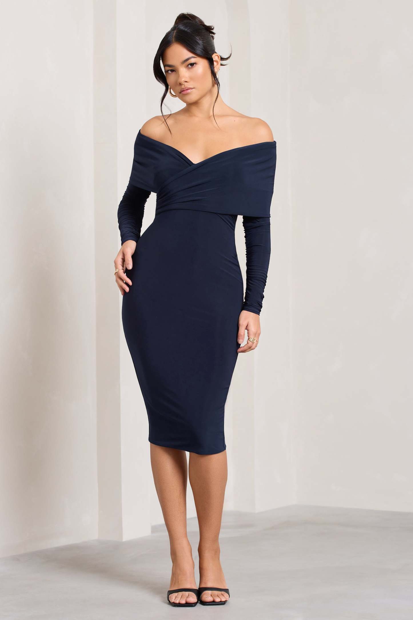 Flatter Me Navy Twist Front Bardot Midi Dress-Fashionmomo.All Rights Reserved