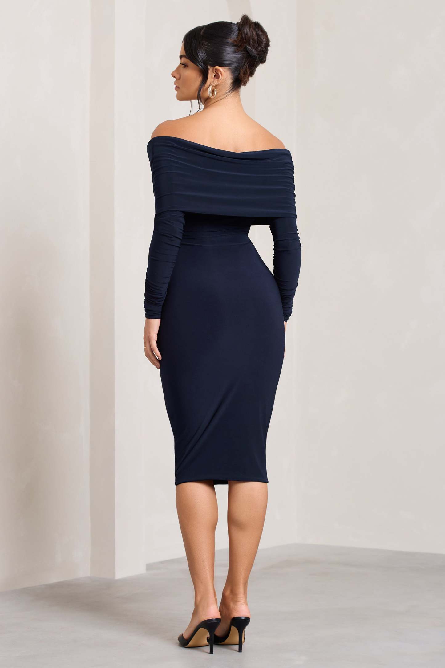 Flatter Me Navy Twist Front Bardot Midi Dress-Fashionmomo.All Rights Reserved