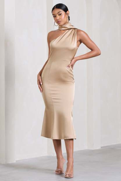 Golden Girl Champagne Satin Asymmetric High-Neck Flared Midi Dress-Fashionmomo.All Rights Reserved