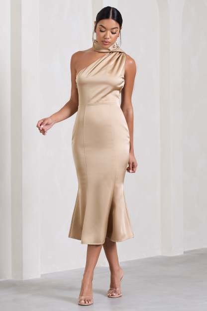 Golden Girl Champagne Satin Asymmetric High-Neck Flared Midi Dress-Fashionmomo.All Rights Reserved