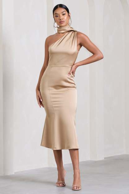 Golden Girl Champagne Satin Asymmetric High-Neck Flared Midi Dress-Fashionmomo.All Rights Reserved