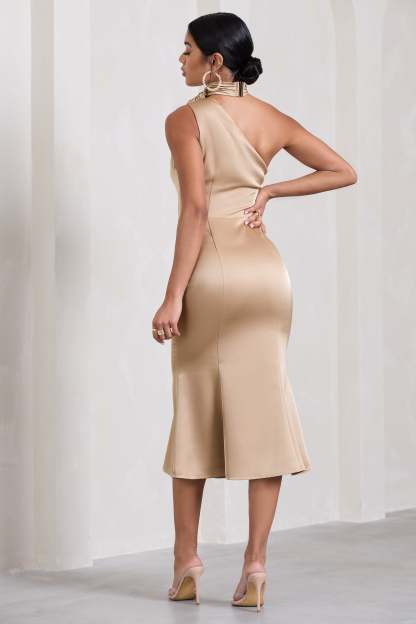 Golden Girl Champagne Satin Asymmetric High-Neck Flared Midi Dress-Fashionmomo.All Rights Reserved