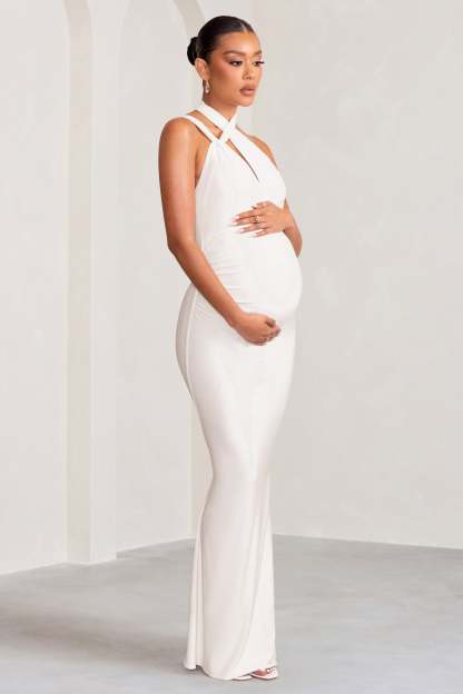 Alba White Maternity Halter Asymmetric Maxi Dress with Cut Out-Fashionmomo.All Rights Reserved