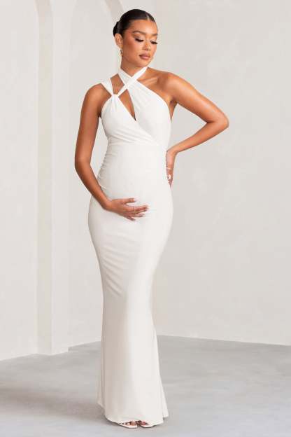 Alba White Maternity Halter Asymmetric Maxi Dress with Cut Out-Fashionmomo.All Rights Reserved