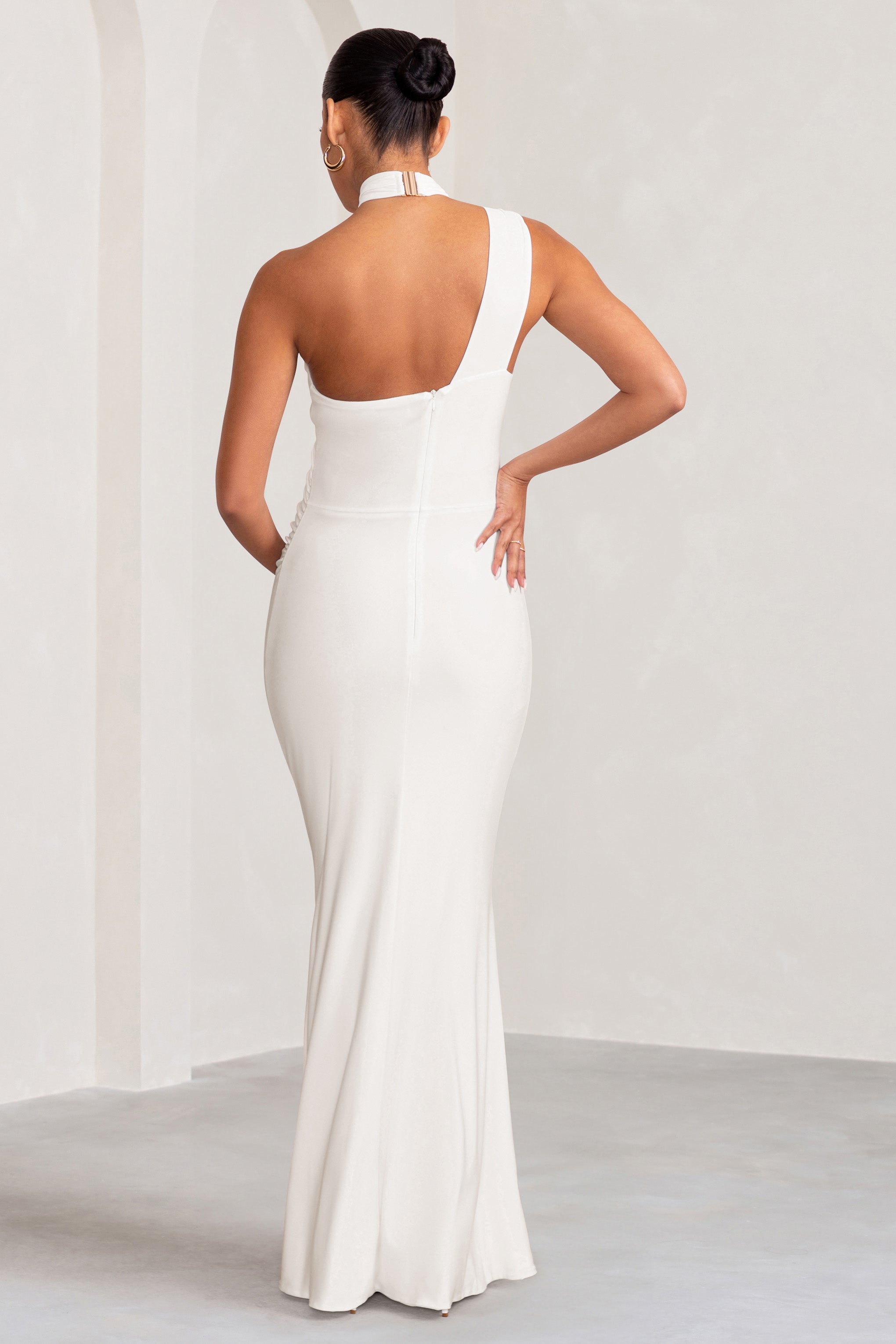 Alba White Maternity Halter Asymmetric Maxi Dress with Cut Out-Fashionmomo.All Rights Reserved