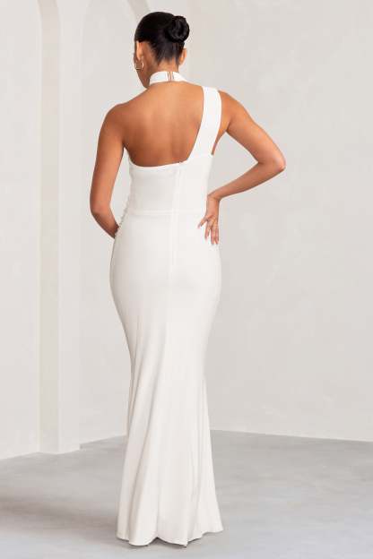 Alba White Maternity Halter Asymmetric Maxi Dress with Cut Out-Fashionmomo.All Rights Reserved