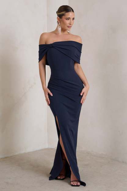 Eva Navy Bardot Bow Detail Maxi Dress With Thigh Split-Fashionmomo.All Rights Reserved