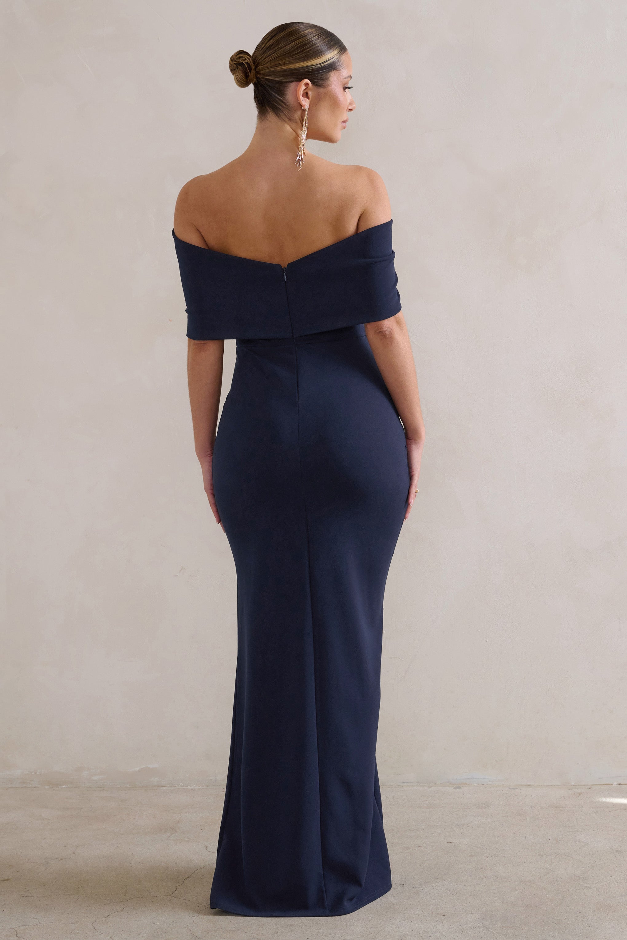 Eva Navy Bardot Bow Detail Maxi Dress With Thigh Split-Fashionmomo.All Rights Reserved