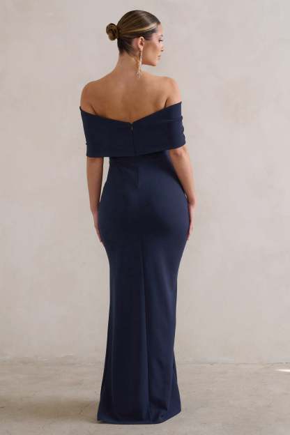 Eva Navy Bardot Bow Detail Maxi Dress With Thigh Split-Fashionmomo.All Rights Reserved