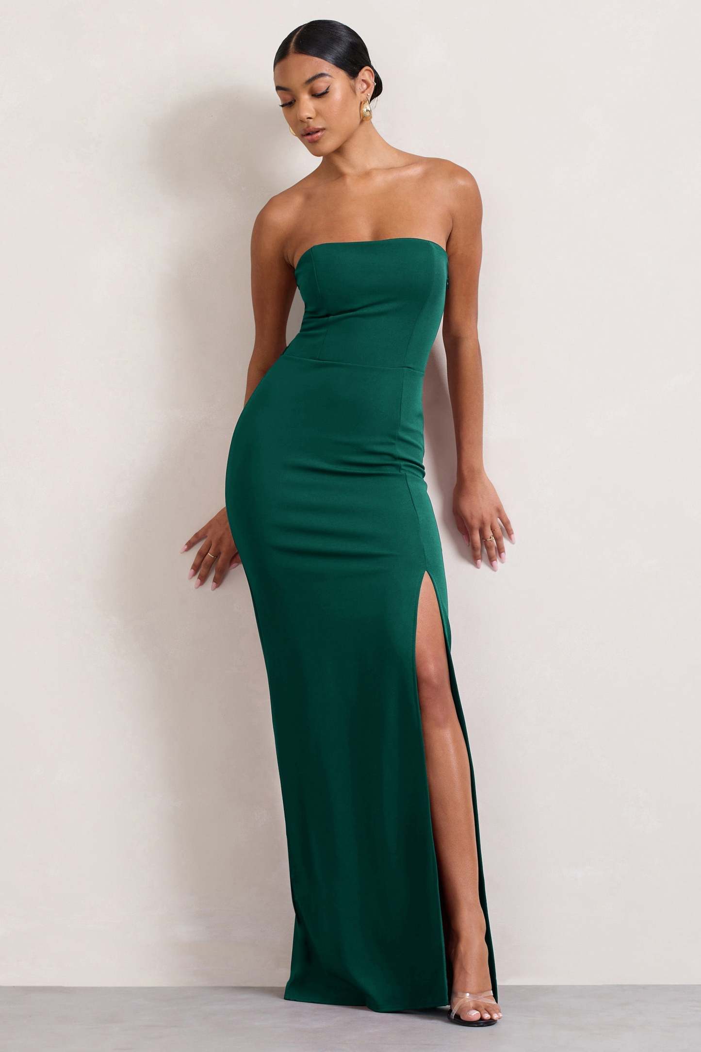 Belle of The Ball Bottle Green Bandeau Maxi Dress With Split Hem-Fashionmomo.All Rights Reserved